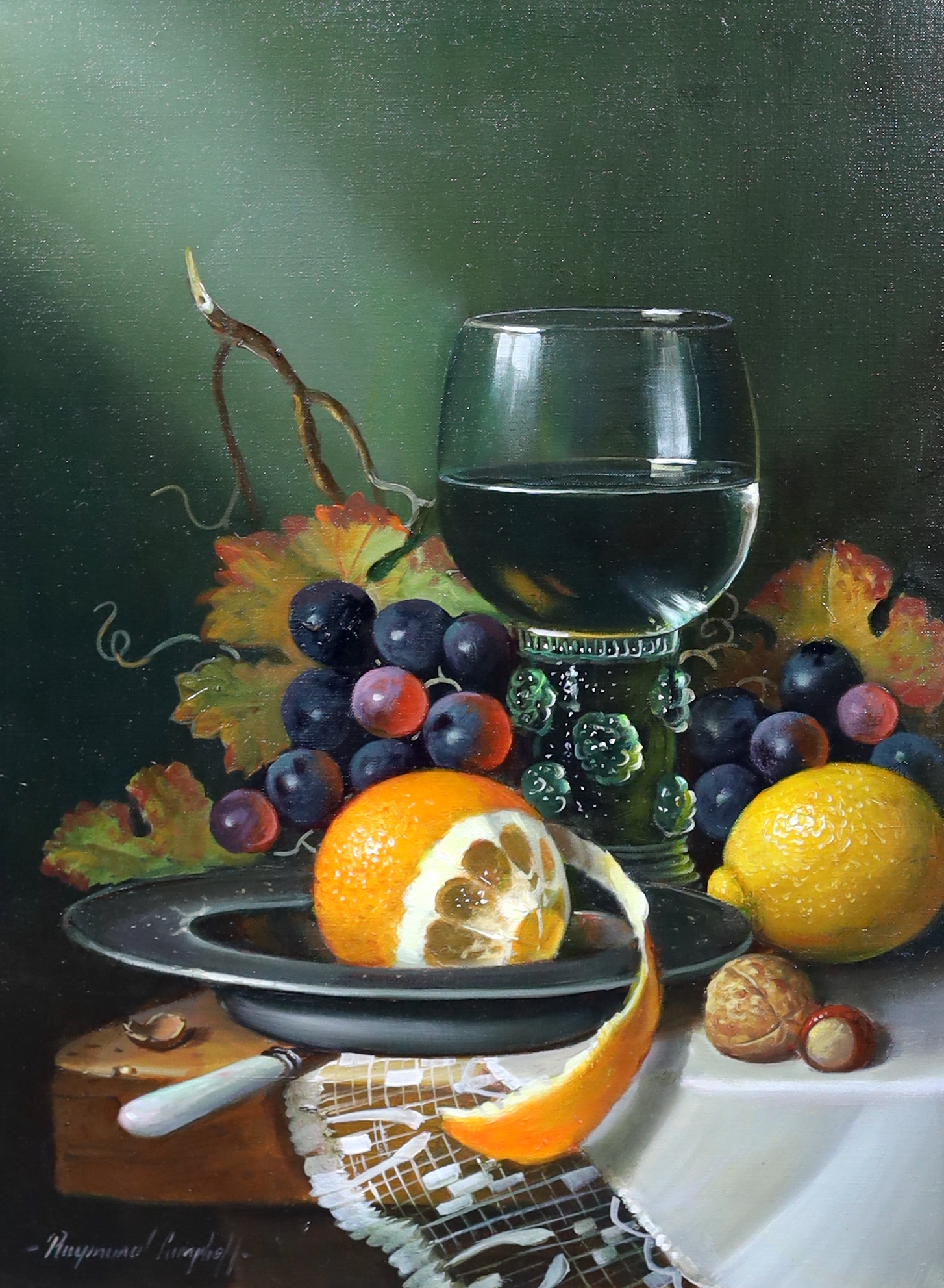 Raymond Campbell (English, b.1956), Still life of a green glass roemer and fruit upon a table top, oil on canvas, 40 x 30cm
